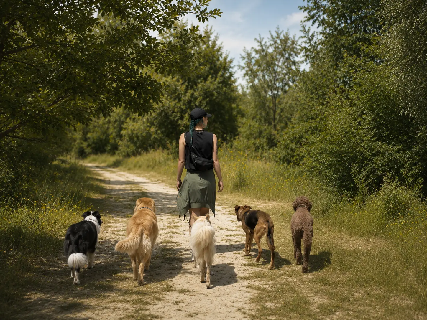 Hundegruppe beim Dogwalking auf einer Wiese bei Hameln